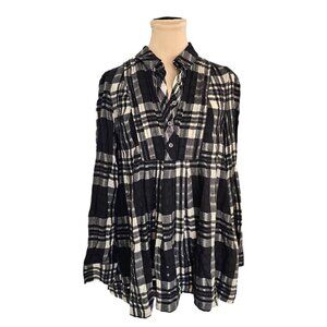 Free People Baby Blues Plaid Black Checkered Collared Longsleeve Top Sz S